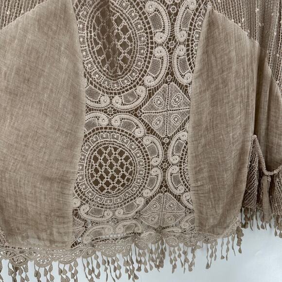 Lagenlook Tan Scoop Neck Embroidered Crochet Tassel Cover-Up Tank Top One Size - Picture 7 of 10